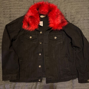 Women's Hot Topic CI SOSO Distressed Denim Jacket with Red Faux Fur Trim XL